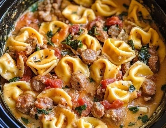Crockpot Cheese Tortellini and Sausage dish served in a bowl