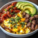 Delicious hash brown breakfast bowl topped with eggs and veggies