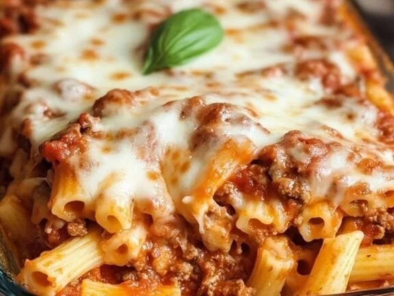 Delicious easy baked ziti topped with melted cheese and fresh herbs