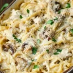 Delicious easy Chicken Tetrazzini served in a bowl with garnish