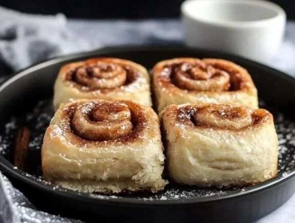 Delicious no-yeast cinnamon rolls topped with icing on a plate.