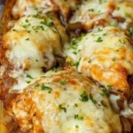 French onion chicken bake with melted cheese and caramelized onions
