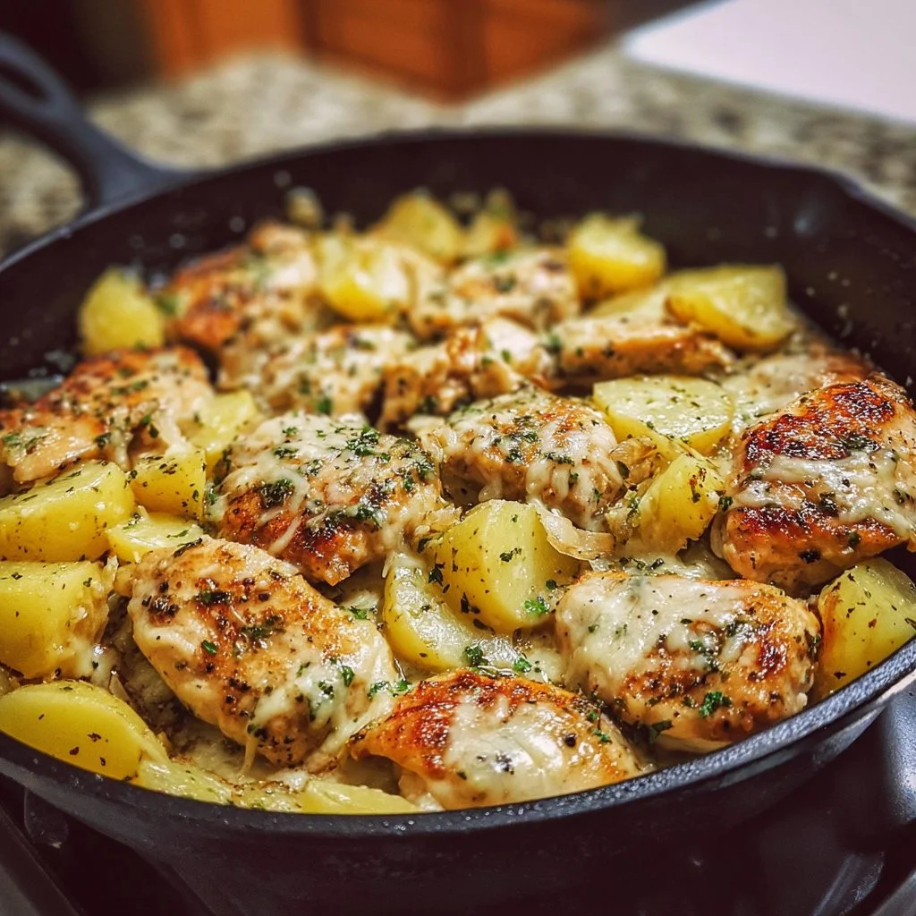 Garlic Parmesan Chicken and Potatoes Skillet served in a cast-iron pan