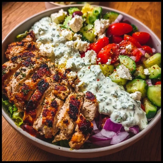 Delicious Greek Chicken Bowl with fresh vegetables and flavorful dressing