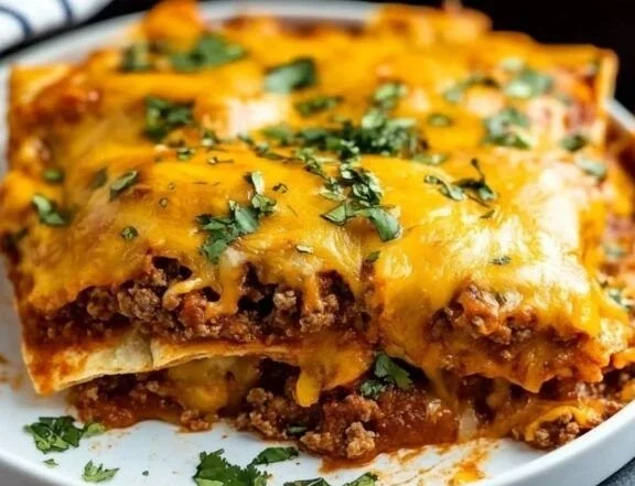 Delicious Ground Beef Enchilada Casserole topped with cheese and served in a baking dish