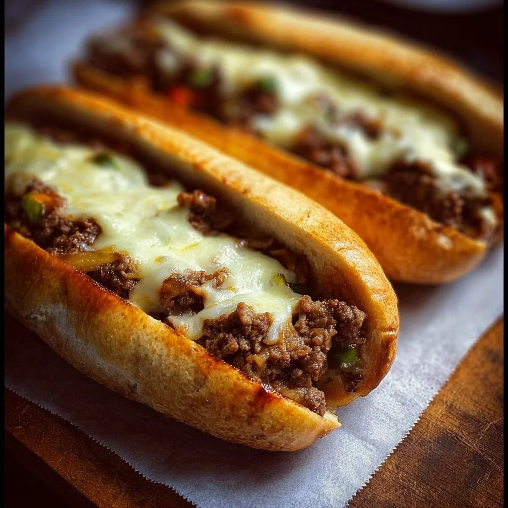 Ground Beef Philly Cheesesteaks served with melted cheese and sautéed onions