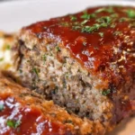 Delicious homemade meatloaf on a plate garnished with parsley