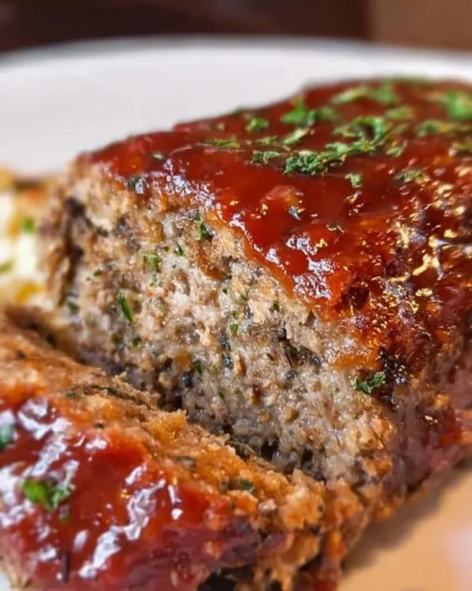 Delicious homemade meatloaf on a plate garnished with parsley