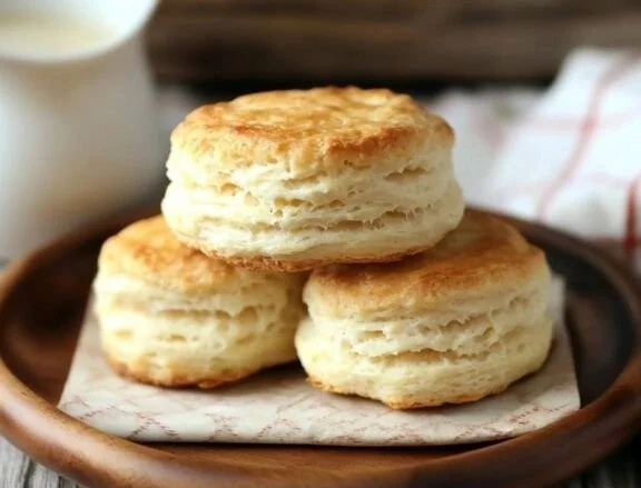 Mile High Perfect Biscuits freshly baked and served on a wooden plate.