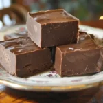 Old fashioned fudge served in a decorative bowl with a background of chocolate.