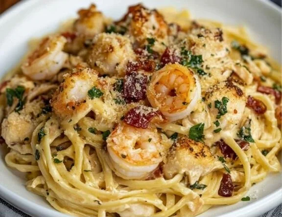 Delicious plate of Olive Garden Chicken and Shrimp Carbonara with creamy sauce