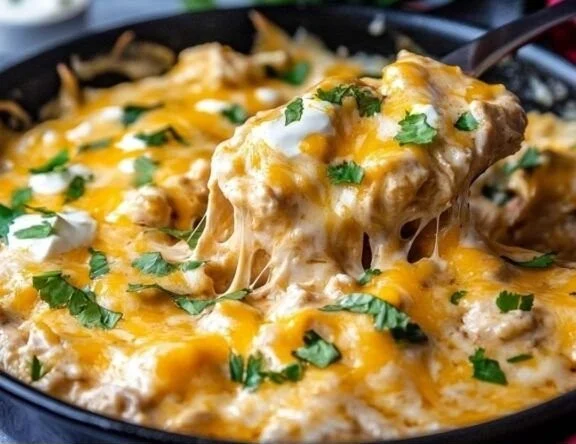 One-Pan Sour Cream Chicken Enchilada Skillet with melted cheese and garnished