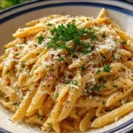 One Pot Creamy Garlic Pasta served in a bowl with herbs and garlic bread on the side.