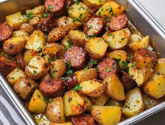 Oven-roasted smoked sausage with roasted potatoes served on a plate