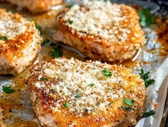 Parmesan Baked Pork Chops served on a plate with herbs and side vegetables