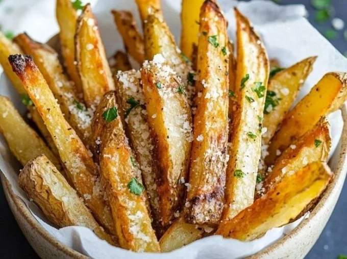 Delicious Parmesan Truffle Fries topped with cheese and herbs served in a bowl