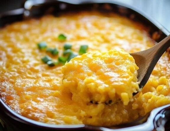 Delicious Paula Deen Corn Casserole served in a dish