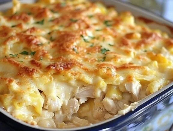 Delicious chicken casserole recipe by Paula Deen, served in a baking dish.