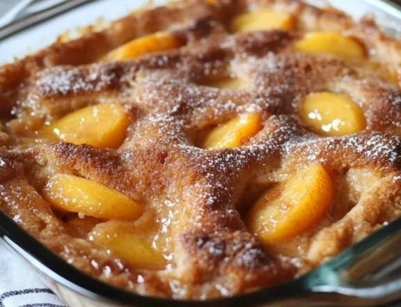 Delicious homemade peach cobbler served with vanilla ice cream