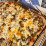 Delicious Philly cheese steak casserole topped with melted cheese and peppers