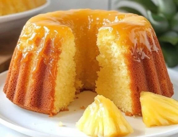 Deliciously moist Pineapple Juice Cake topped with cream frosting.