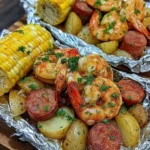 Shrimp and sausage foil packs ready for grilling with fresh vegetables