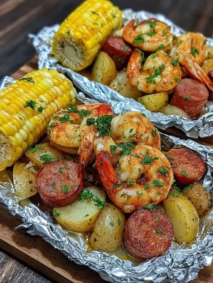 Shrimp and sausage foil packs ready for grilling with fresh vegetables