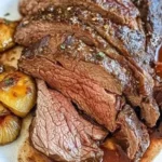 Delicious sirloin tip roast served on a platter with herbs and side dishes.