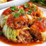Plate of delicious stuffed cabbage rolls garnished with herbs.