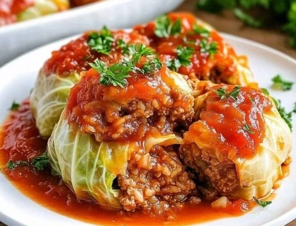 Plate of delicious stuffed cabbage rolls garnished with herbs.