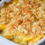 Baked yellow squash casserole topped with cheese and breadcrumbs