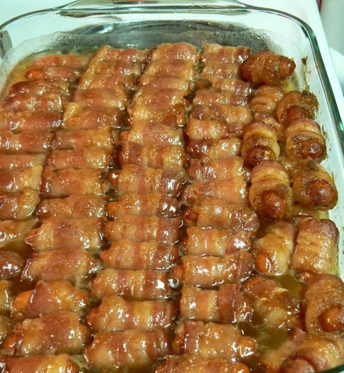Plate of Bacon-Wrapped Smokies ready to serve as a delicious appetizer.