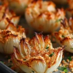 Delicious baked blooming onion served with dipping sauce on a plate