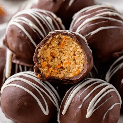 Delicious carrot cake truffles topped with cream cheese frosting