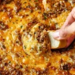Delicious cheesy beef dip served in a warm bowl with dipping options.