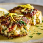 Delicious homemade crab cakes served with lemon wedges and dipping sauce