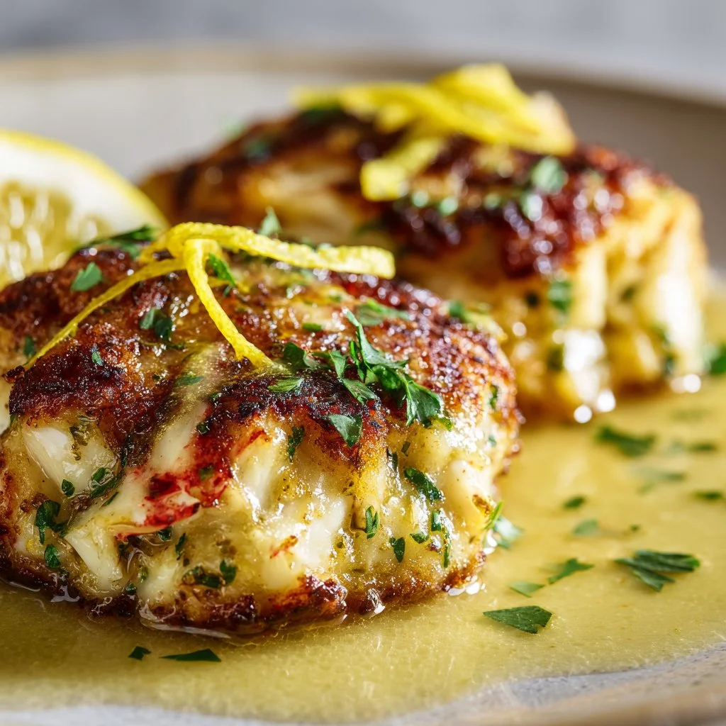 Plate of freshly cooked crab cakes garnished with herbs and lemon