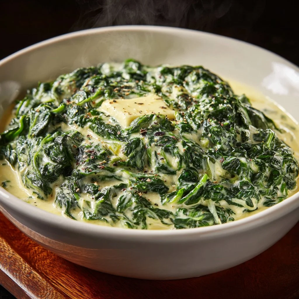 Delicious creamed spinach served in a bowl garnished with herbs