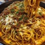 Plate of creamy Cajun Beef Spaghetti with triple cheese Parmesan sauce