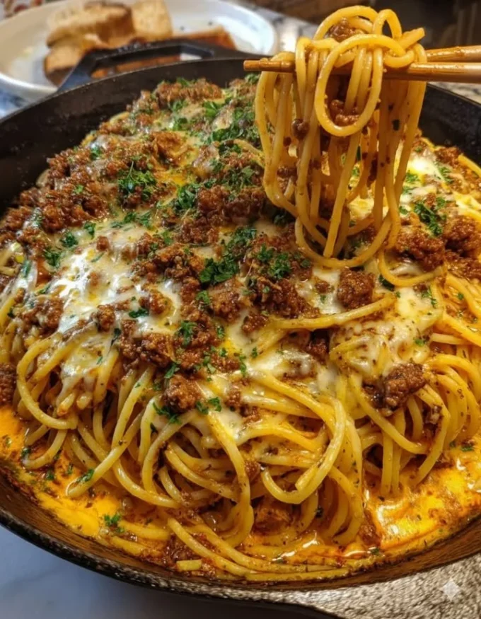 Plate of creamy Cajun Beef Spaghetti with triple cheese Parmesan sauce