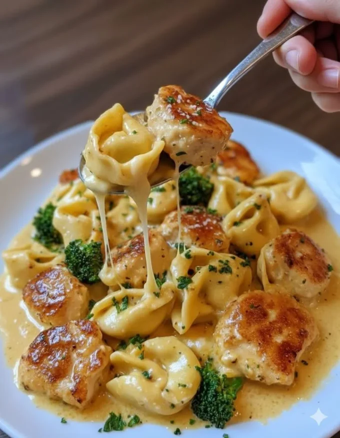 Creamy Garlic Parmesan Tortellini with Chicken and Broccoli dish on a plate