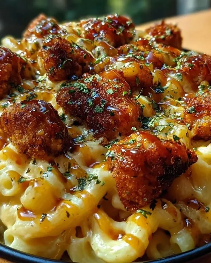 Creamy honey pepper chicken mac and cheese in a vibrant bowl