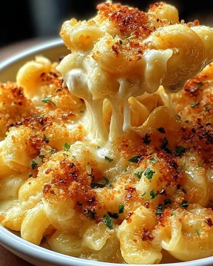 Delicious creamy mac and cheese with a golden top, perfect comfort food dish.