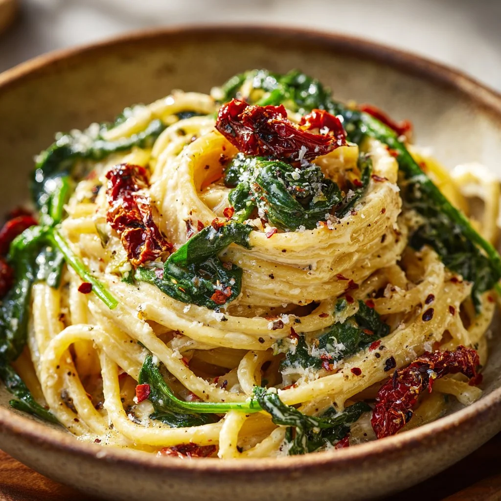 Creamy sun-dried tomato pasta garnished with fresh basil and parmesan cheese