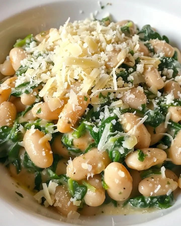 Creamy white beans with spinach and Parmesan in a bowl