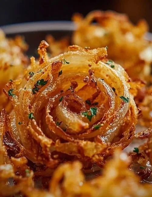 Crispy mini blooming onions cooked in an air fryer, golden and crunchy