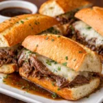 Delicious Crockpot French dip sandwiches served with au jus.