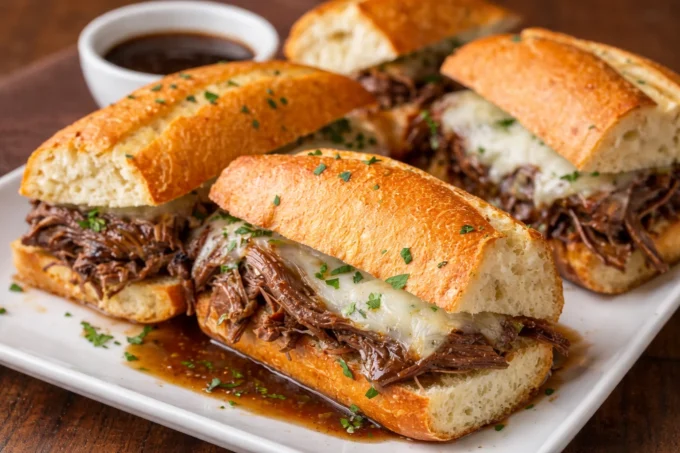 Delicious Crockpot French dip sandwiches served with au jus.