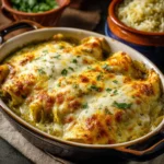 Plate of delicious enchiladas topped with cheese and garnishments