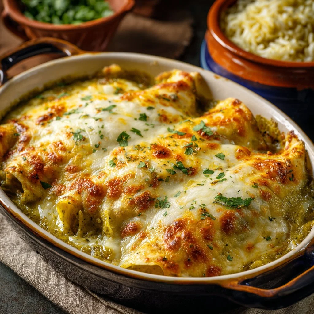 Plate of delicious enchiladas topped with cheese and garnishments